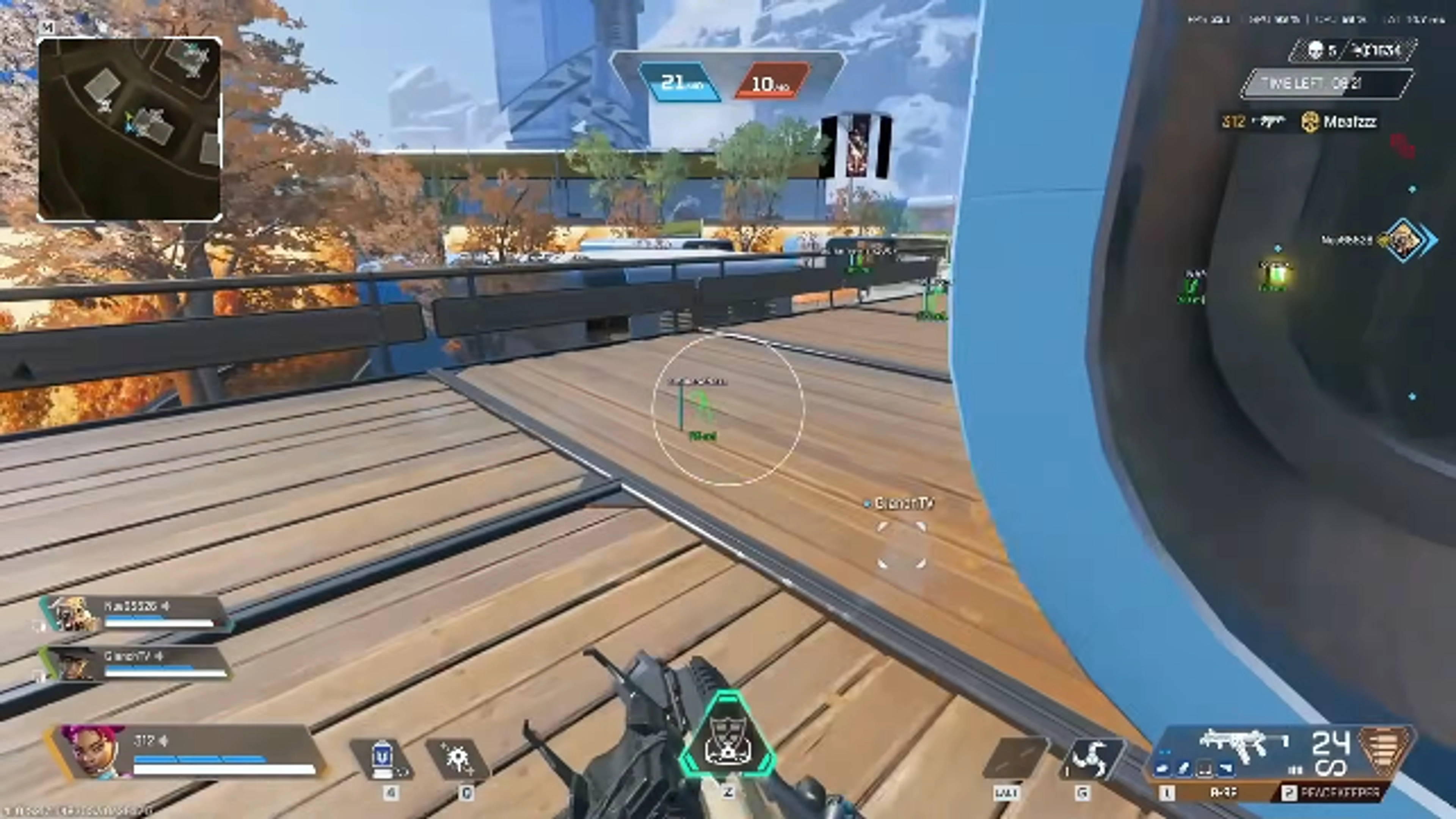 Apex Legends wooden walkway fight with white aimbot FOV circle and multi-target green ESP labels